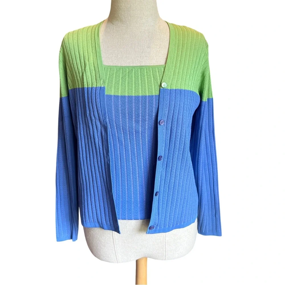 Carlisle Silk Ribbed Cardigan Tank Top Set S Green Blue Y2K Bright Office Preppy